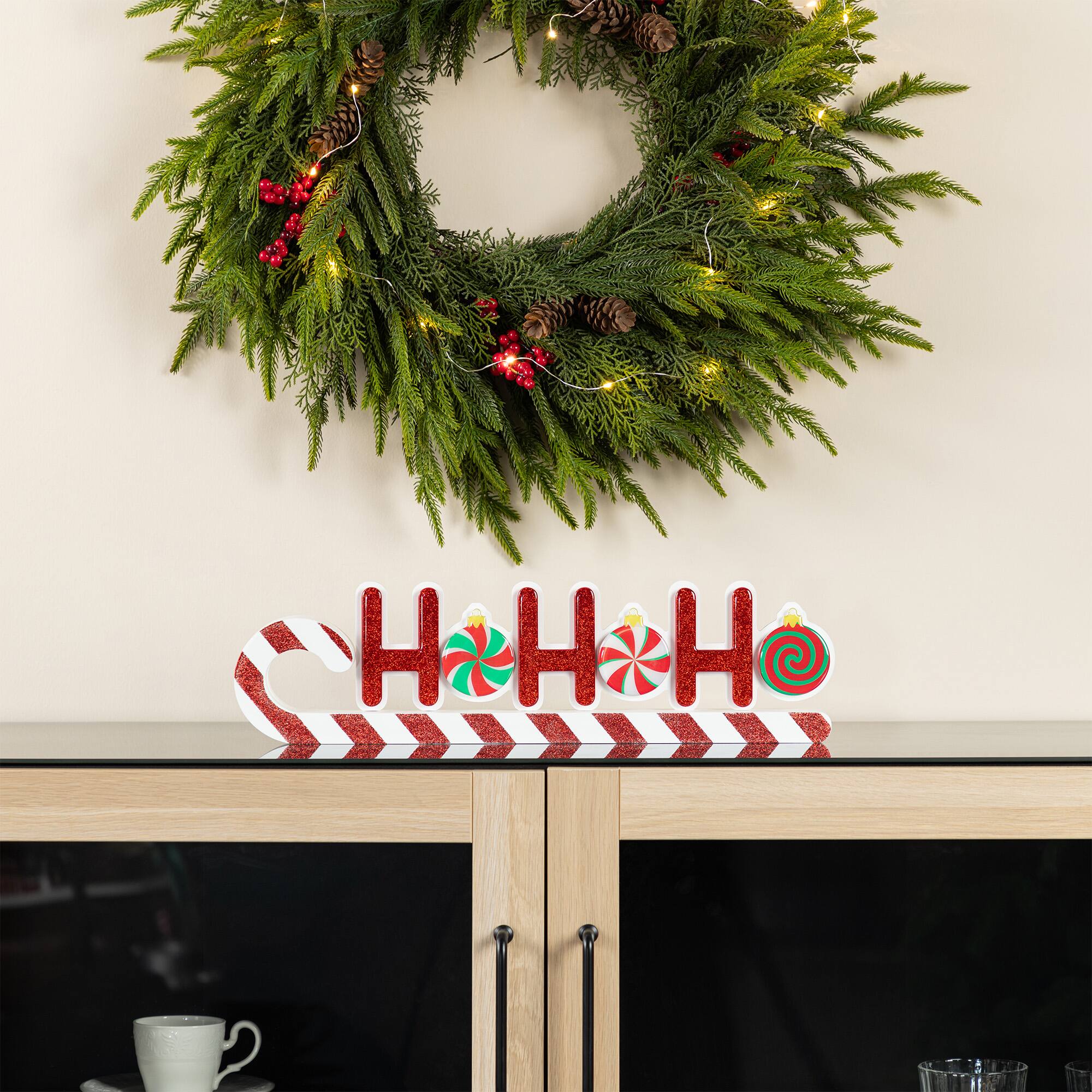 Glitzhome® 19" Christmas Wooden Epoxy HOHOHO Candy Cane Table Decor